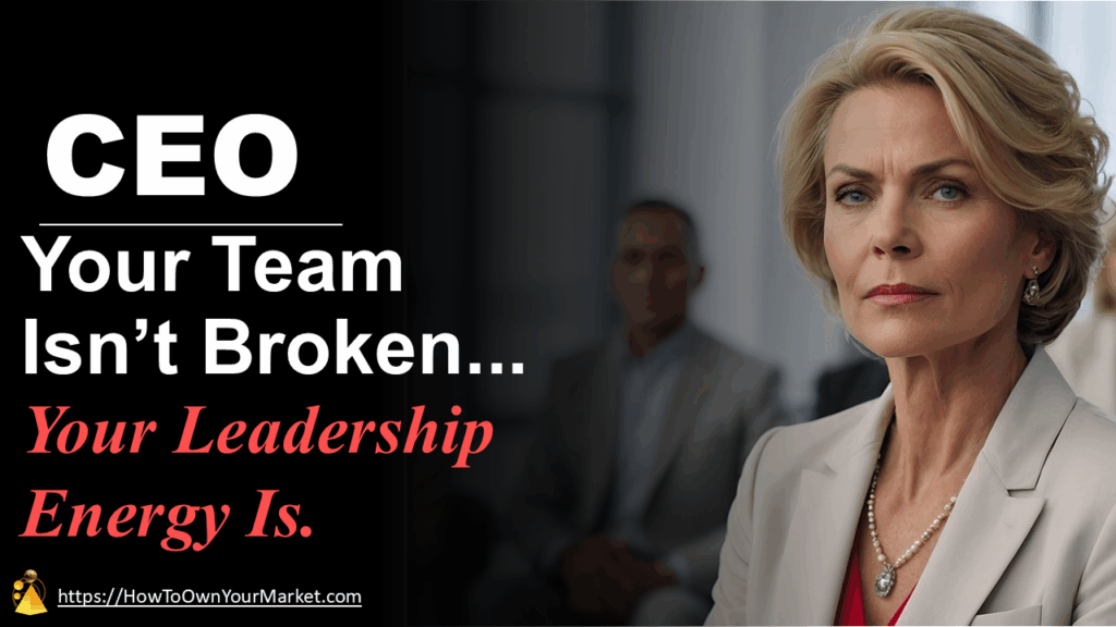 Female CEO frowning with the text “Your Team Isn’t Broken, Your Leadership Energy Is,” representing leadership alignment and team execution case study.