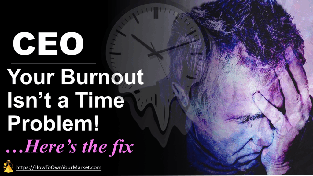 Overwhelmed CEO with a melting clock symbolizing time stress and burnout, from the case study on reclaiming power, peace, and profit.