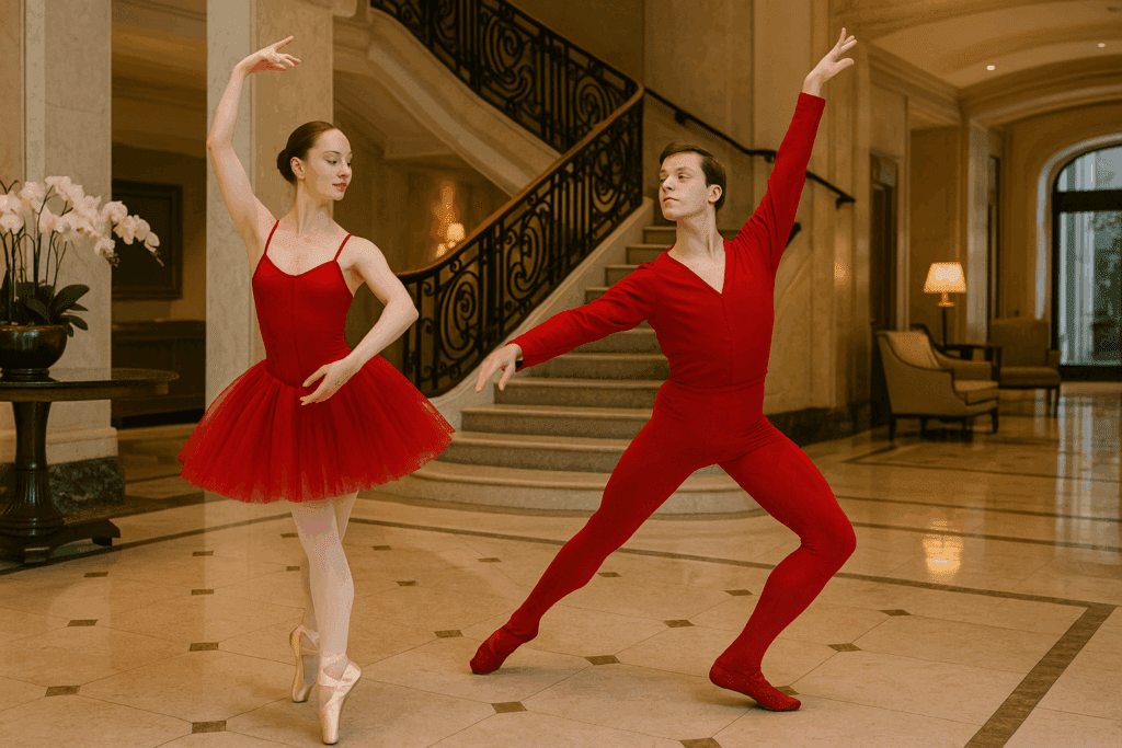 Ballet Dancers in Red Performing in Hotel Lobby Male and female ballet dancers dressed in red perform gracefully in the lobby of a luxurious hotel, framed by a grand staircase and elegant marble interior.