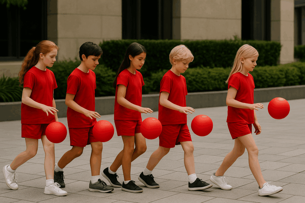 Children in Red Outfits Bouncing Balls in Unison Five children of different heights and hair colors, wearing matching red shirts and shorts with various sneakers, walk in perfect rhythm while bouncing red rubber balls in unison during a coordinated outdoor performance.