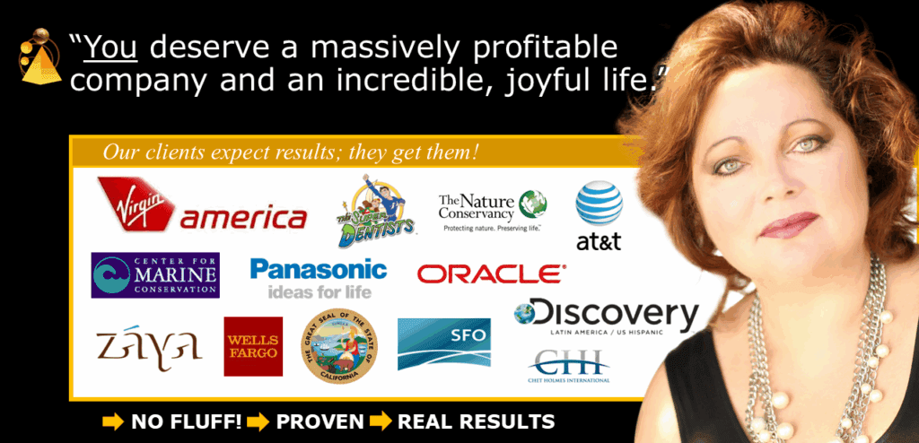 Quantum Business Strategist Deberah Bringelson standing confidently with logos of Virgin, Oracle, Panasonic, Zaya, Wells Fargo, SFO, State of California, Chet Holmes International, Discovery, and The Nature Conservancy, with the quote “You deserve a massively profitable company and an incredible, joyful life. Our clients expect results, they get them.”