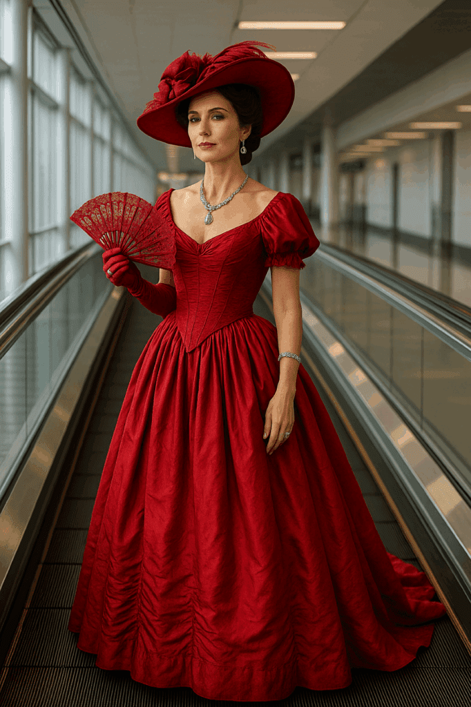 Elegant Woman in Red Victorian Gown on Airport Walkway Beautiful woman in a flowing red Victorian gown and wide-brimmed hat, adorned with elegant jewelry, gracefully holding an ornate fan while standing on an airport moving walkway — the embodiment of confidence, style, and theatrical flair.