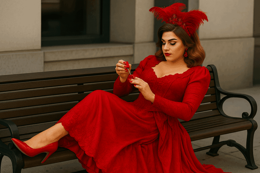 Glamorous Drag Queen in Red Feathered Headpiece Painting Nails Elegant brunette drag queen dressed in an elaborate red gown with lace detail, red heels, and a feathered headpiece, lounging gracefully on a bench outside a hotel, painting her nails crimson in the afternoon sun.