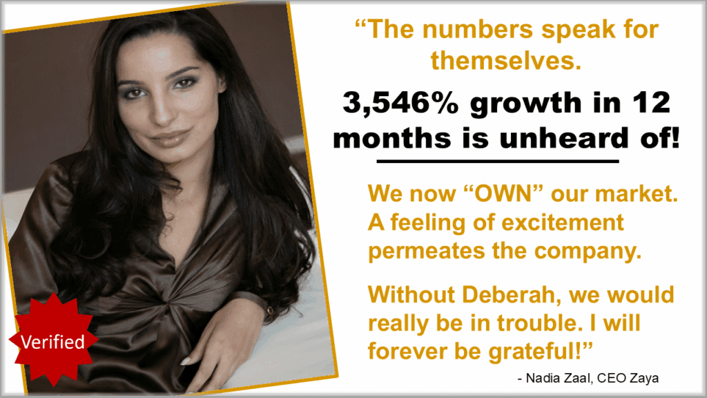 Nadia Zaal, CEO of ZAYA, with her quote about 3,546 percent growth in 12 months, owning their market, and feeling excitement throughout the company thanks to Deberah Bringelson.