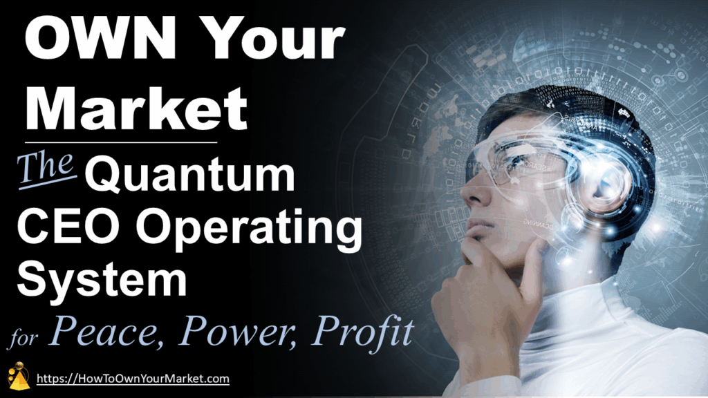 Confident business leader surrounded by digital operating system graphics representing the Quantum CEO Operating System™ for aligning energy, strategy, and leadership.