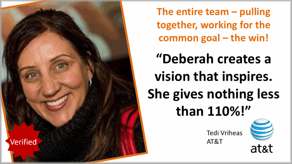 Tedi Vriheas — “The Entire Team Pulling Together for the Win!” Tedi Vriheas, AT&T executive, praises Deberah Bringelson for creating a vision that inspires teams to pull together and achieve shared success.