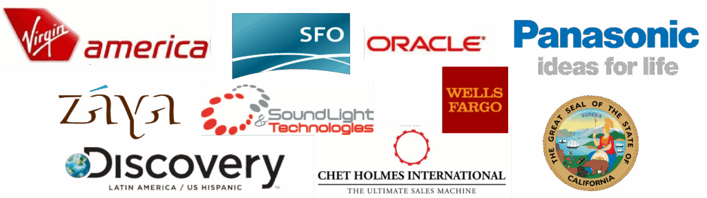 Top Global Brands That Trust Deberah Bringelson Logos of major companies Deberah Bringelson has worked with including Virgin America, San Francisco International Airport, Oracle, Panasonic, Discovery, State of California, Wells Fargo, Chet Holmes International, and Sound and Light Technologies.