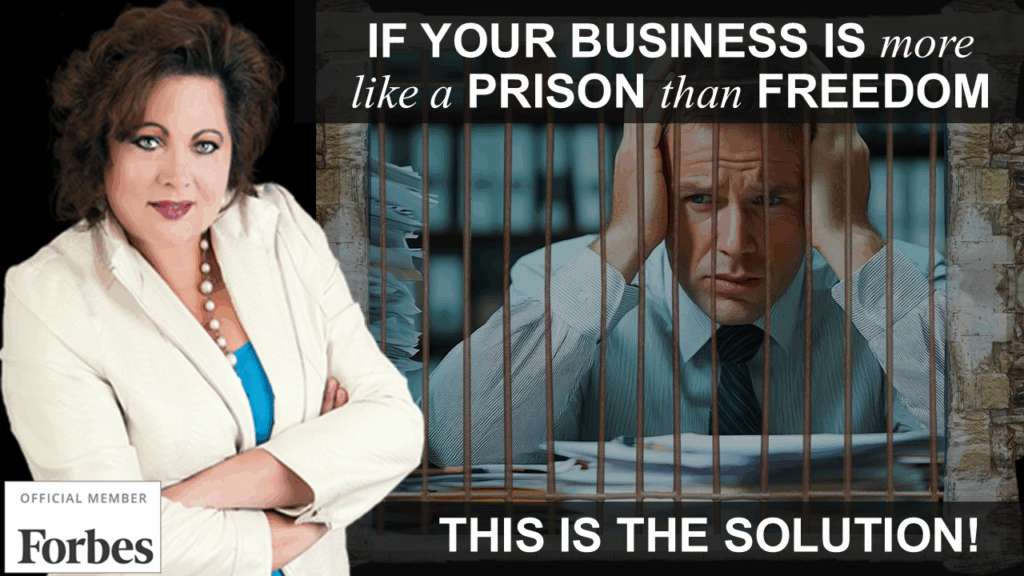 Deberah Bringelson standing behind symbolic bars representing CEOs trapped in their own businesses, illustrating the contrast between business as a prison and true entrepreneurial freedom.