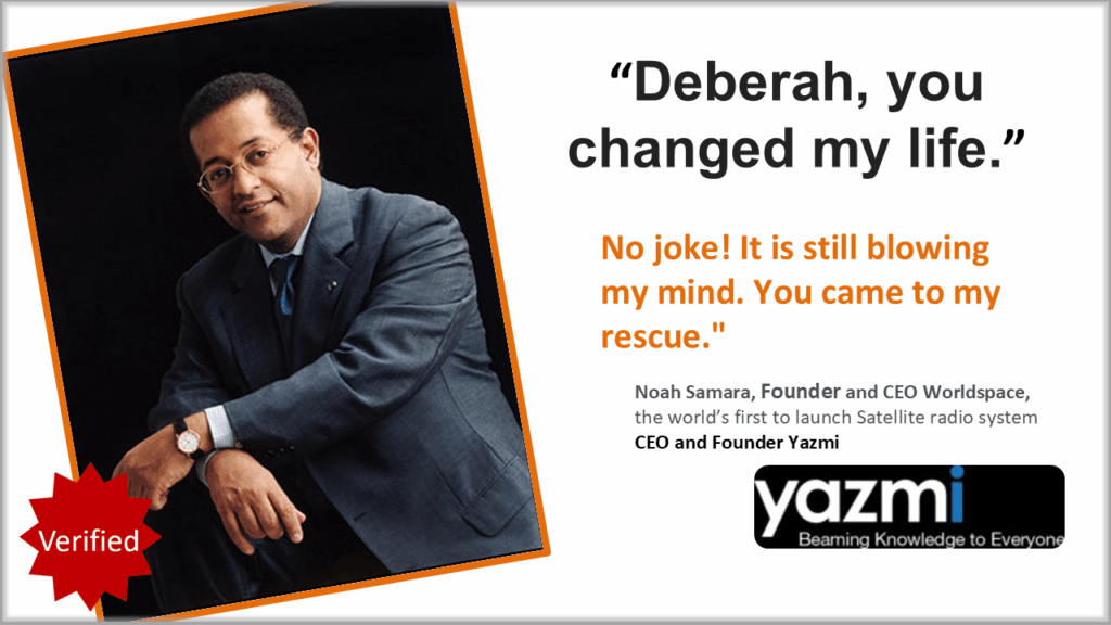CEO Noah Samara of Worldspace and Yazmi expressing gratitude to Quantum Business Strategist Deberah Bringelson, saying she changed his life and came to his rescue.
